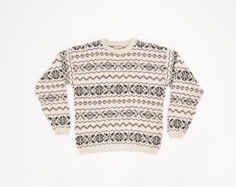 Vintage Woolrich Sweater, Size M, Mens Medium, Made in USA, Crewneck Collar, Knit, Beige Maroon Brown Black Geometric Pattern.