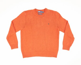 Vintage 90s Polo Ralph Lauren Crewneck Sweater, Size XL, Extra Large, Orange, Green Embroidered Small Pony Logo, 100% Cotton.