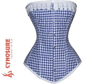 Sexy Women Blue Checkered Cotton Overbust Corsets Steel Boned Waist Training Corsets CW-90 Vollbrustkorsett Blau Weiß Baumwolle Corsage
