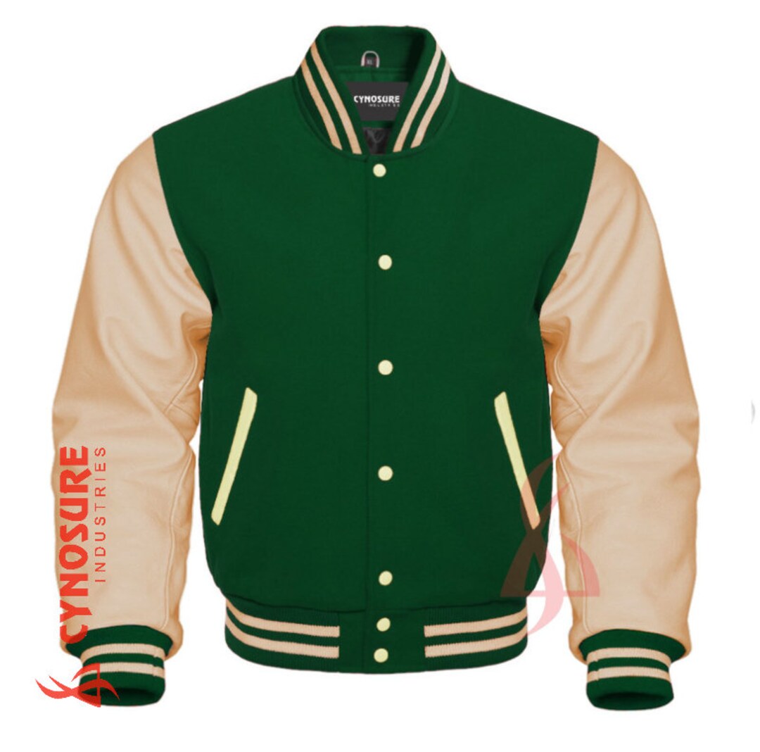 Authentic Varsity Letterman Jacket in Green Wool and Cream