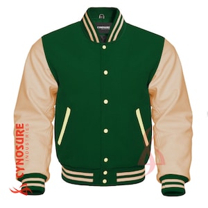 Chaqueta universitaria auténtica de lana verde y mangas de cuero color crema. Diseña tu propia chaqueta universitaria: logotipo, tela y colores.