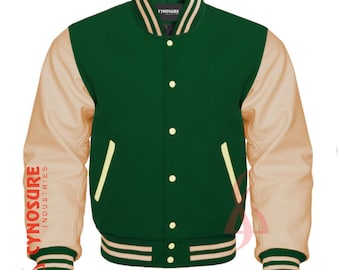 Authentic Varsity Letterman Jacket in Green Wool and Cream Leather Sleeves. Design Your Own College Varsity Jacket-Logo,Fabric,Color Choices