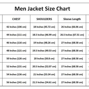 Pu&ograve; includere: Tabella delle taglie per giacche da uomo, con misure in pollici (e i loro equivalenti in cm). La tabella include taglie dalla Small alla 5XL, dettagliando petto, spalle, lunghezza manica e misure di vestibilit&agrave; al petto. Il testo "Men Jacket Size Chart" &egrave; in alto.