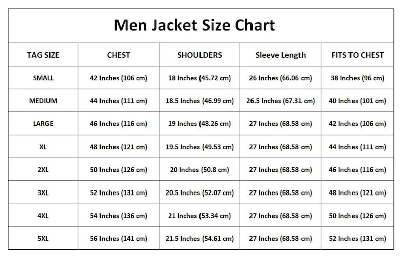 Pu&ograve; includere: Tabella delle taglie per giacche da uomo, con misure in pollici (e i loro equivalenti in cm). La tabella include taglie dalla Small alla 5XL, dettagliando petto, spalle, lunghezza manica e misure di vestibilit&agrave; al petto. Il testo "Men Jacket Size Chart" &egrave; in alto.