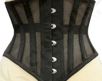 Può includere: Corsetto in rete nera con chiusura a busc in metallo argentato. Il corsetto ha una finitura liscia, satinata e un design classico.