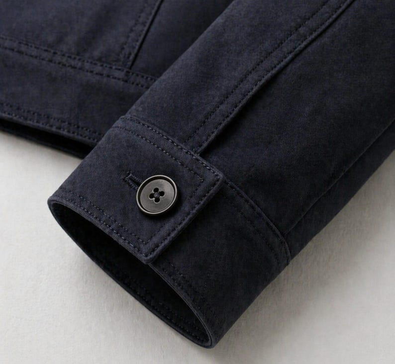 Pu&ograve; includere: Primo piano di una manica di giacca in camoscio blu navy. Il polsino presenta una chiusura con bottoni con un bottone scuro. Le cuciture dettagliano le cuciture e l'asola. La giacca sembra essere realizzata in un materiale morbido e strutturato.