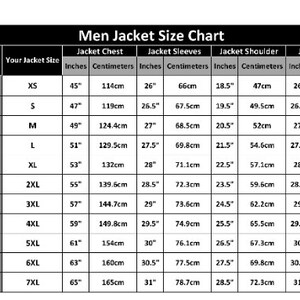 May include: A size chart for men's jackets, showing the corresponding jacket size in inches and centimeters for different actual chest sizes. The chart includes measurements for chest, sleeves, shoulder, and length.