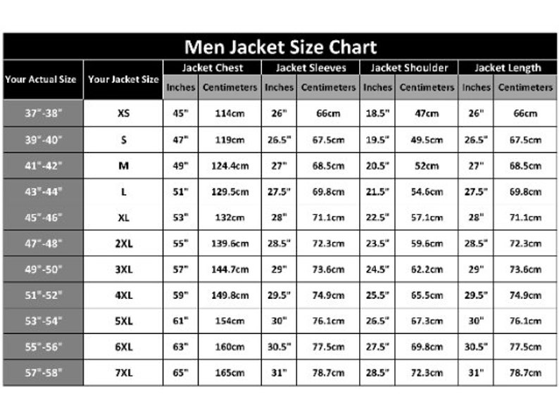May include: A size chart for men's jackets, showing the corresponding jacket size in inches and centimeters for different actual chest sizes. The chart includes measurements for chest, sleeves, shoulder, and length.