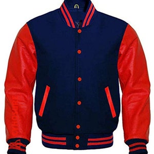 Genuine Leather Red Arms Varsity Jacket - Navy Wool Body Letterman College Style