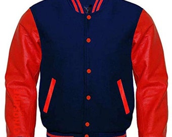 Varsity Jacke Navy Wolle Körper echtes rotes Leder Arme Letterman Jacke College Varsity Jacken