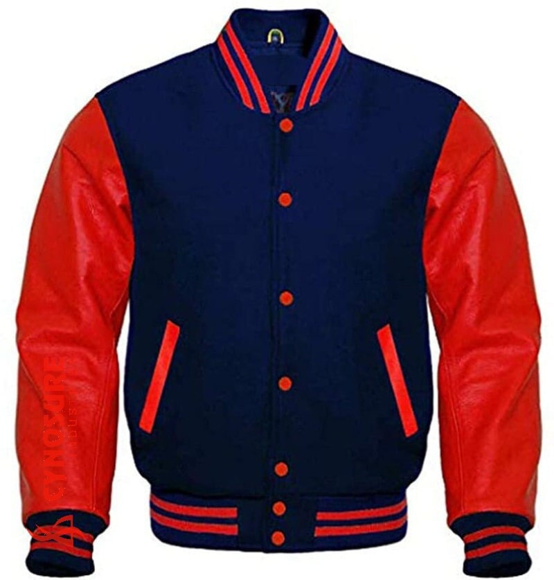 Chaqueta universitaria de cuero genuino Red Arms Cuerpo de lana azul  marino, estilo Letterman College