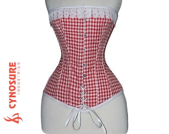 Sweetheart Women Red Checkered Cotton Overbust Corsets Steel Boned Waist Training Corsets CW-319 Vollbrustkorsett Rot Weiß Baumwolle Corsage