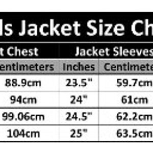 May include: Kids jacket size chart with measurements in inches and centimeters. The chart shows the corresponding jacket size for different chest measurements, ranging from 27 to 34 inches.