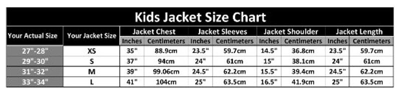 May include: Kids jacket size chart with measurements in inches and centimeters. The chart shows the corresponding jacket size for different chest measurements, ranging from 27 to 34 inches.