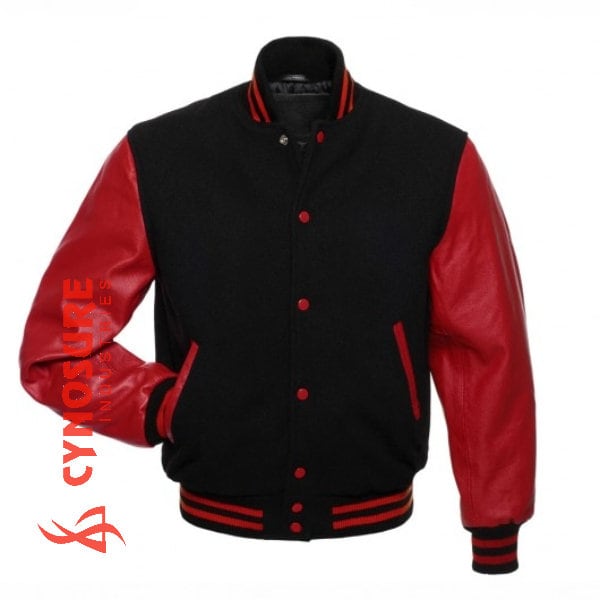 Varsity Letterman Baseball en laine noire et veste à manches en cuir rouge véritable XS ~ 7XL Collegejacke aus Wolle mit echten Rindslederärmeln
