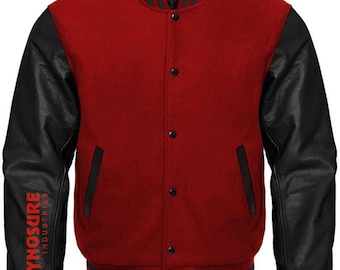 Varsity Letterman Baseball in Red Wool and Genuine Black Leather Sleeves Jacket XS ~7XL Collegejacke aus Wolle mit echten Rindslederärmeln