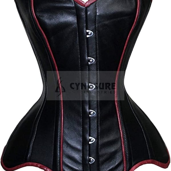 Corsetti Overbust in pelle da donna Acciaio disossato sopra il busto Allenamento in vita Corsetto in pelle gotica CW-67 Vollbrustkorsett Schwarz Leder Schnürkorsett