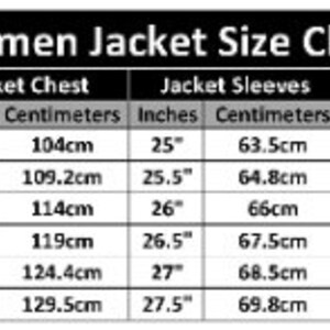 May include: A size chart for women's jackets, showing corresponding jacket sizes in inches and centimeters for different chest, sleeve, shoulder, and length measurements.