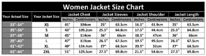 May include: A size chart for women's jackets, showing corresponding jacket sizes in inches and centimeters for different chest, sleeve, shoulder, and length measurements.