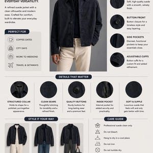 Pu&ograve; includere: Giacca con zip in pelle scamosciata blu navy con colletto classico, chiusura con bottoni e tasche laterali. Con polsini regolabili e tasca interna. La giacca &egrave; progettata per la versatilit&agrave; quotidiana, taglie S/M/L/XL/XXL.