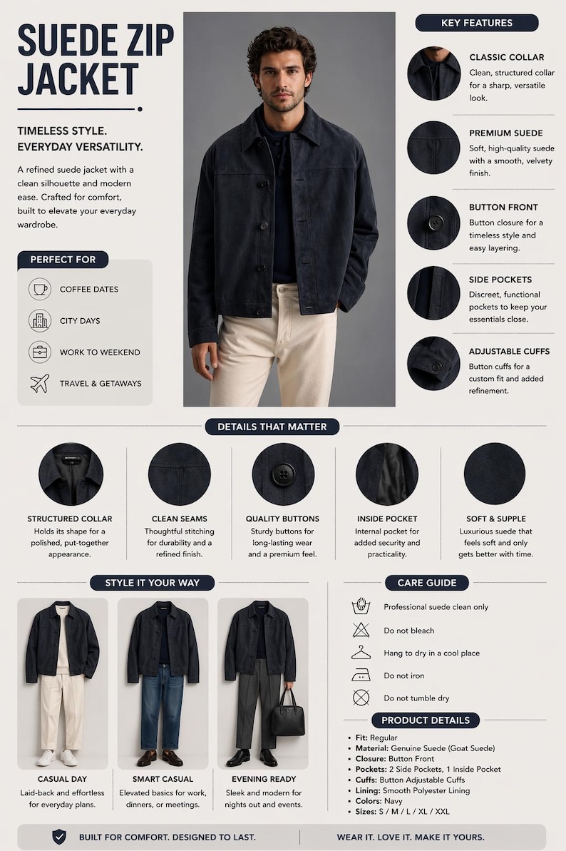 Pu&ograve; includere: Giacca con zip in pelle scamosciata blu navy con colletto classico, chiusura con bottoni e tasche laterali. Con polsini regolabili e tasca interna. La giacca &egrave; progettata per la versatilit&agrave; quotidiana, taglie S/M/L/XL/XXL.
