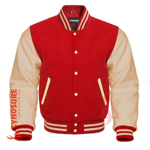 Varsity Letterman Baseball Crimson Red Wool, Leather Sleeves Jacket