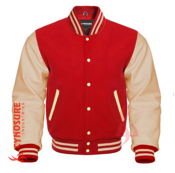 Varsity Letterman Baseball Crimson Red Wool, Leather Sleeves