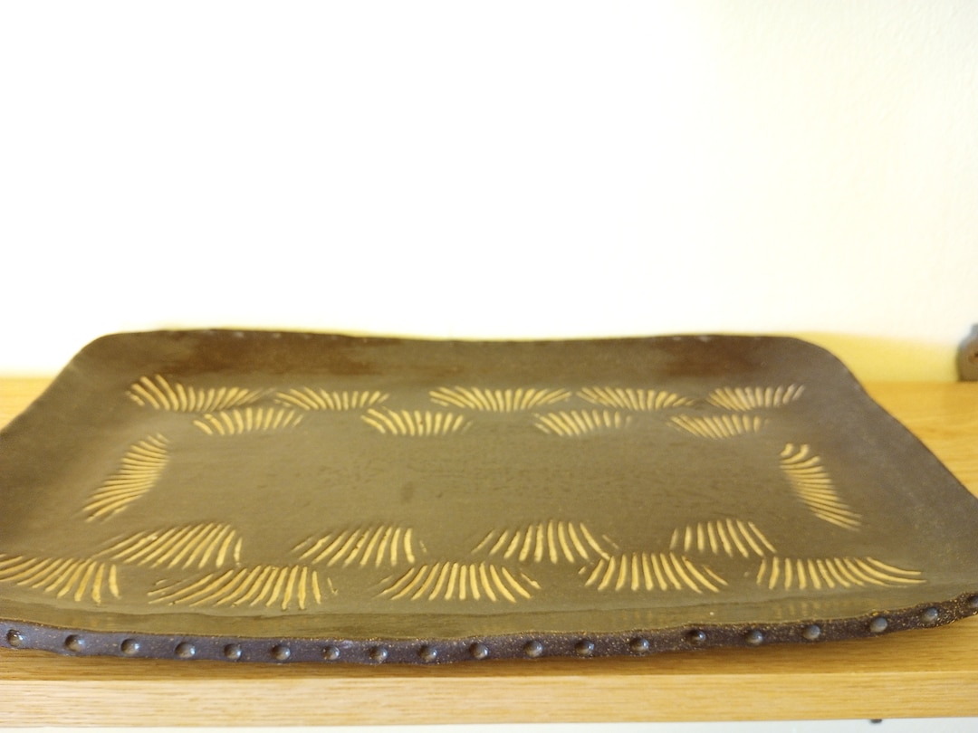 Large Dark Brown Serving Tray With Unique Textured Decoration Etsy