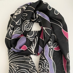 Black scarf, Silk, Pure silk scarf, Hand painted silk scarf, Scarf for women, Scarf for girl, Wearable art, For her, October Birthday gift