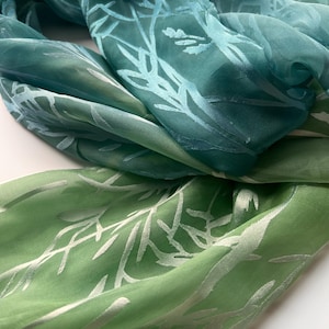 Dévoré Satin Silk Hand-painted Green and Teal Silk Scarf, Wearable Art