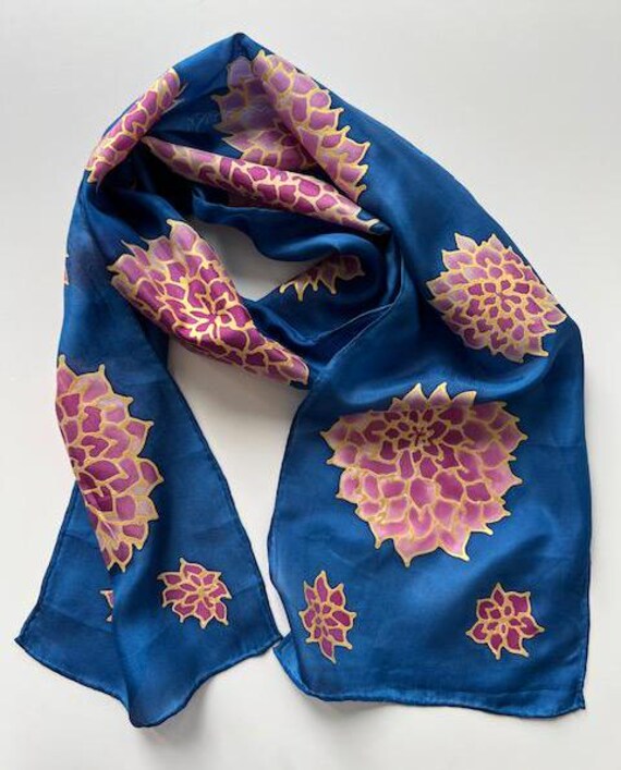 Blue Hand Painted Silk Scarf, Scarf for Women, Statement