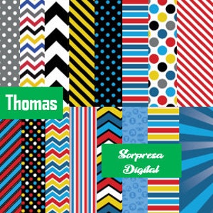 Könnte beinhalten: Ein Set mit 20 digitalen Papieren mit verschiedenen Mustern in Rot, Blau, Gelb, Schwarz, Weiß und Grau. Die Muster umfassen Streifen, Punkte, Zickzack und geometrische Designs. Der Text "Thomas" und "Sorpresa Digital" ist im Bild sichtbar.