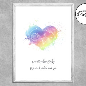 May include: A watercolour painting of a rainbow heart with the text "Our Rainbow Baby We can't wait to meet you".