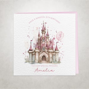Carte d'anniversaire personnalisée rose bleu pourpre ou château de princesse de couleur personnalisée | N'importe quel âge ou nom |  Avec message personnalisable
