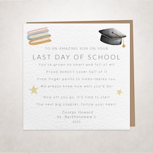 Carte Dernier jour d'école pour fils ou fille | Personnalisé avec le nom et l'école | Carte souvenir de fin de session