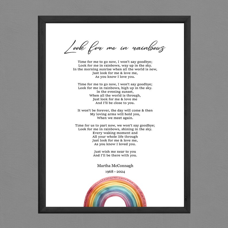 Look For Me In Rainbows Comforting Memorial Poem Customisable Etsy UK Look For Me In Rainbows Comforting Memorial Poem Customisable Etsy UK