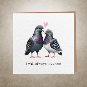 Tarjeta "Siempre amaré a Coo" / Ilustración de palomas besándose / Tarjeta romántica y divertida de aniversario o San Valentín