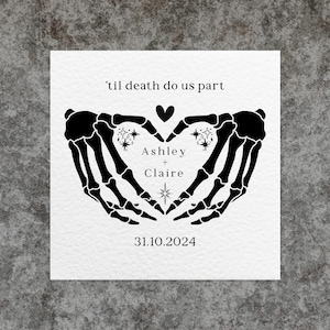Hasta que la muerte nos separe / Tarjeta de pareja con temática gótica de esqueleto, corazón y manos / Perfecta para bodas y aniversarios góticos y de Halloween