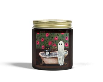 Ghost Cat Bubble Bath Candle, Coconut Apricot Wax, Spooky Halloween Decor