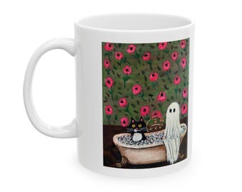 Ghost Cat Bubble Bath Ceramic Mug | Spooky Whimsical Coffee Cup