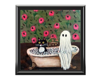 Pippin and Pudding Cat Ghost Jewelry Box | Bathtub Acrylic Painting Keepsake (6"x6") | Trinket Case