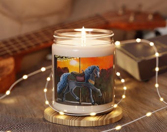 Carousel Horse Soy Candle, Sunset Ride Illustration, Vintage merry-go-round, Hand-Painted Art, 9oz Jar