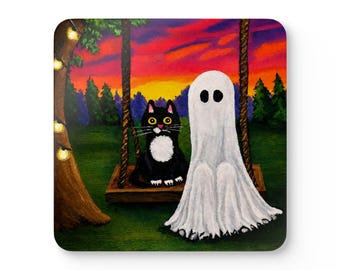 Black Cat Ghost Swing Coasters | Halloween Art | Whimsical Cozy Drinkware Set