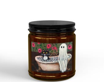 Ghost Cat Bubble Bath Candle, Spooky Whimsical Halloween Art, Soy Wax (4 and 9oz)