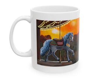 Carousel Horse Ceramic Mug, Whimsical Sunset Art, Vintage Carnival Drinkware