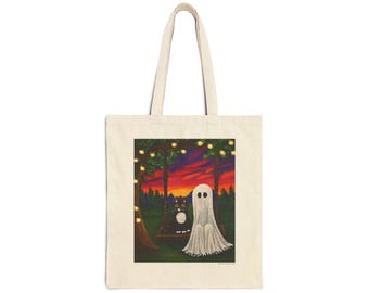Ghost and Cat Tote Bag | Whimsical Halloween Art | Cozy Twilight Swing Cotton Canvas Tote