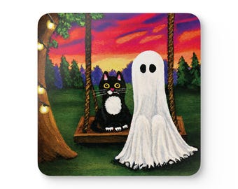 Set of 4 Black Cat and Ghost Swing Coaster | Halloween Coasters | Original Art Hand-painted | Pippin & Puddings Cozy Swing |