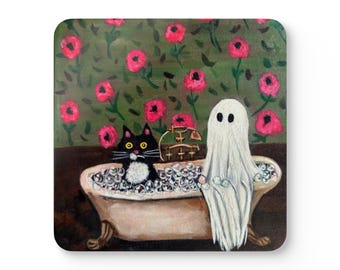 Ghost and Black Cat Bathtub Coasters | Spooky Halloween Art (Set of 4)