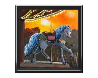Carousel Horse Jewelry Box | Whimsical Keepsake, Carnival Art, Sunset Sky Painting| Vintage Carnival Trinket