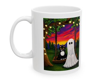 Original Kunst Geist und Katze Becher | Wunderliche Kaffeetasse | Pippin & Puddings gemütliche Schaukel Twilight